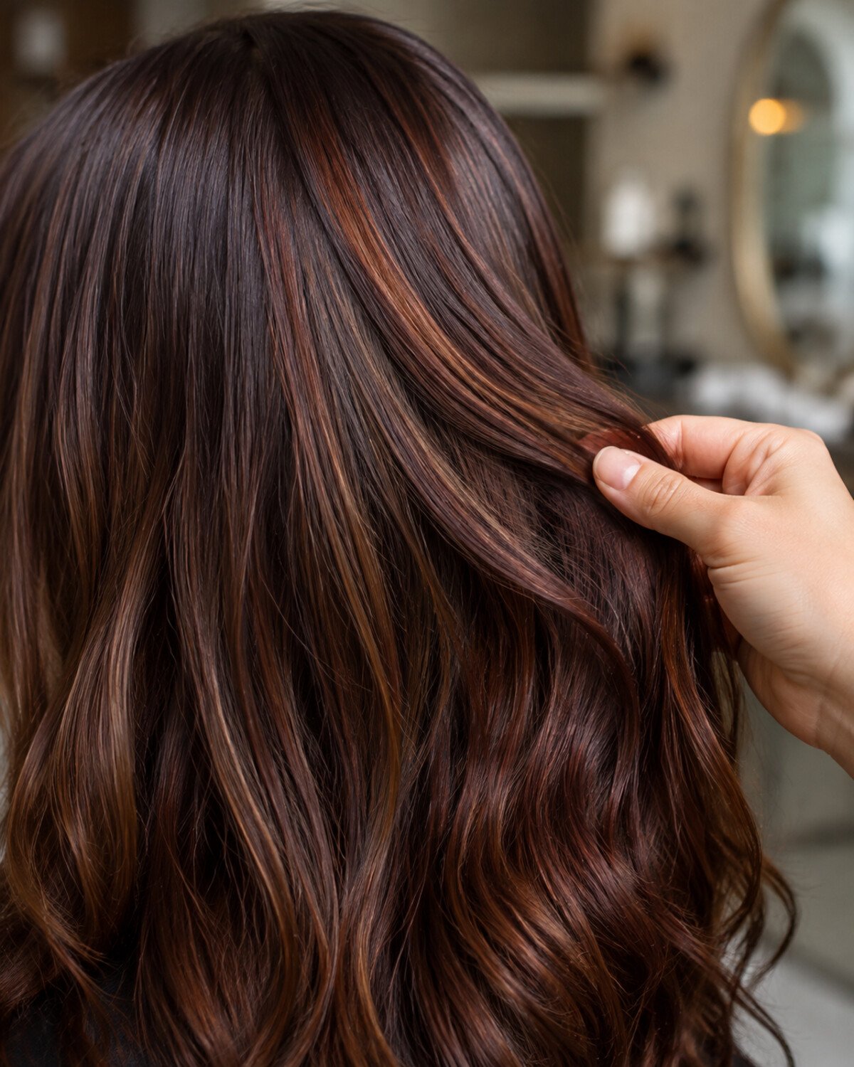 Close-up of chestnut brunette hair with fine auburn and muted copper ribbons