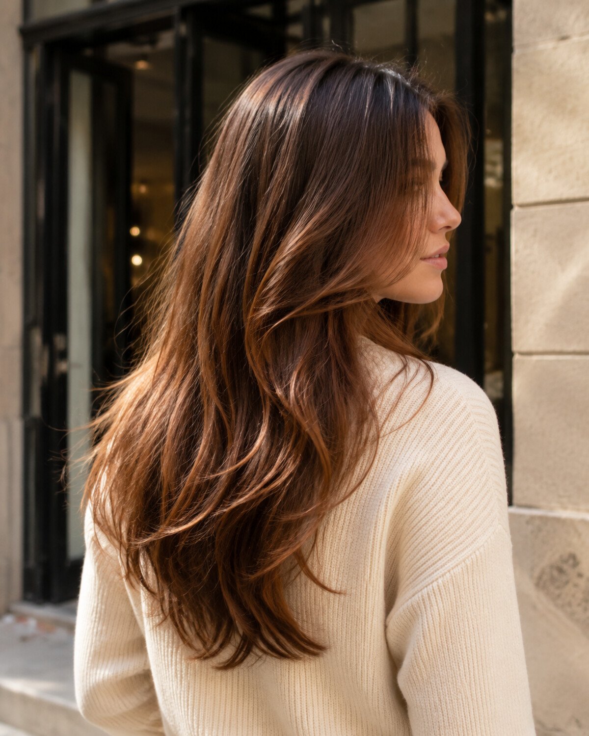 Three-quarter back view of long chestnut copper hair moving in soft daylight
