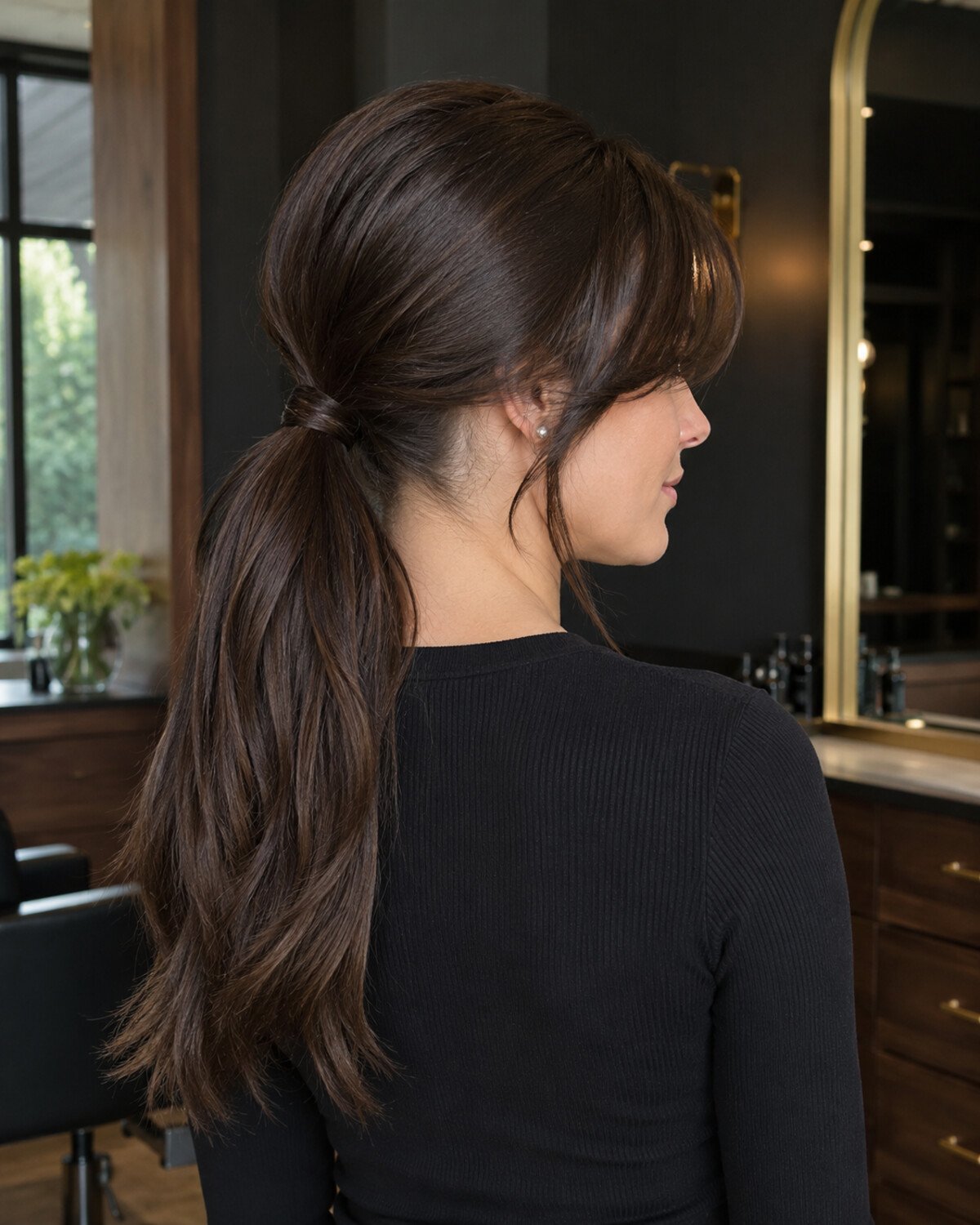 Woman in a dark premium salon wearing long dimensional brunette hair in a relaxed low ponytail