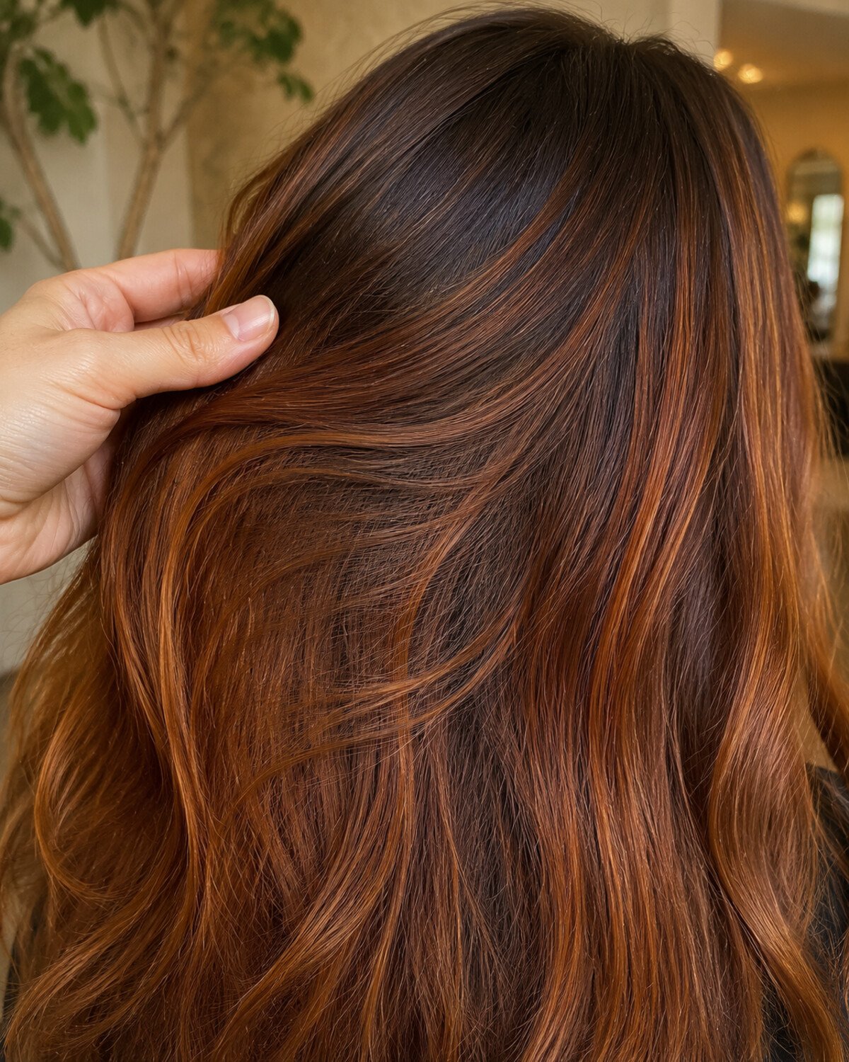Close-up of chestnut-red hair showing brunette depth, bronzed amber strands and fine copper ribbons