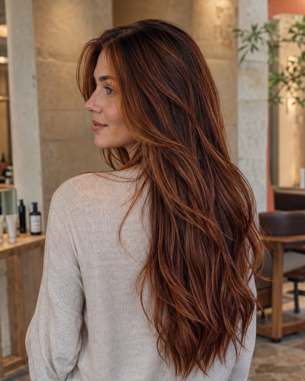 Woman in a warm salon with long layered chestnut-brown hair featuring copper and auburn dimension