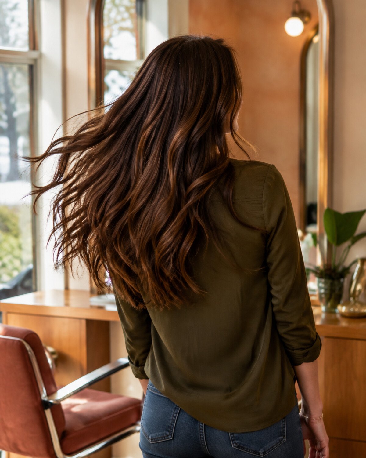Back view of long chestnut brunette hair moving in a salon with amber and copper tones visible through the layers