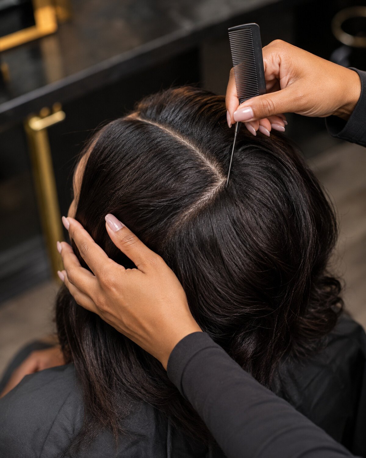 Professional stylist using a tail comb to assess an off-center part and natural coverage around a client’s crown