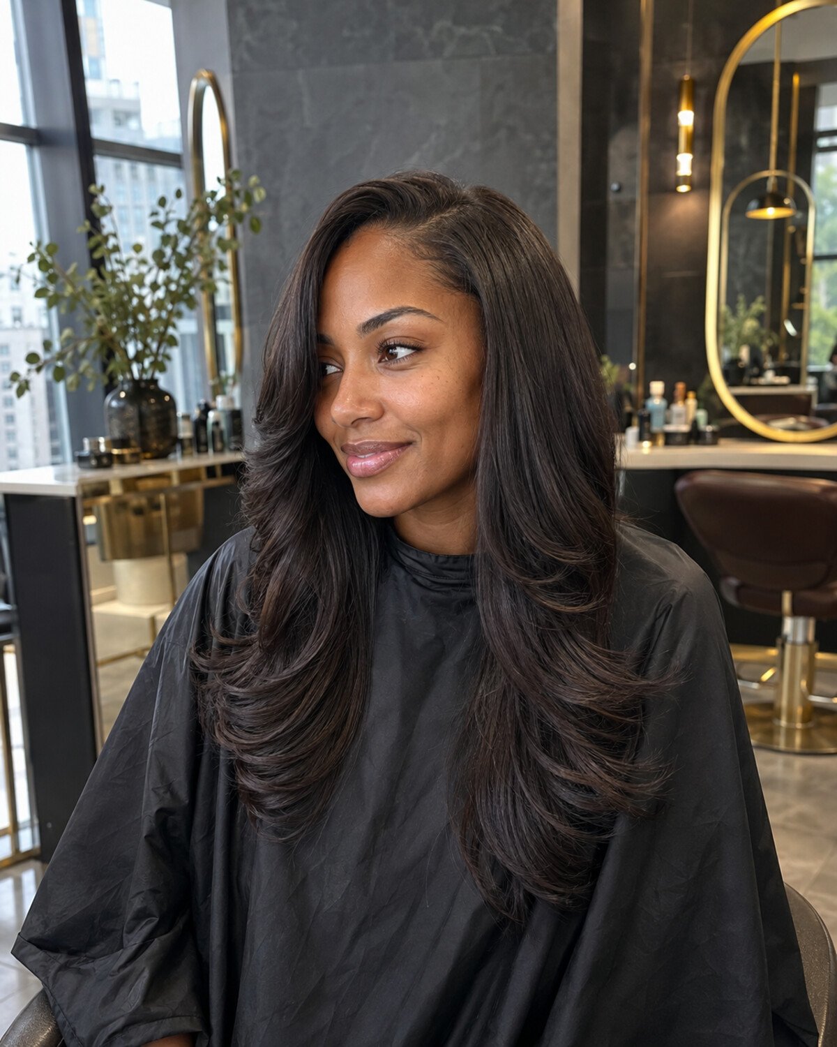 Black woman in a luxury salon wearing long espresso-brown hair with a soft side part and fluid face-framing layers