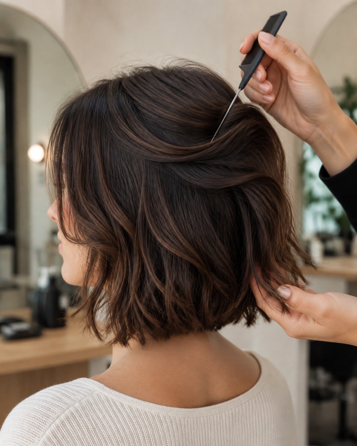 Close-up of a stylist assessing the soft layers and natural-density perimeter of a walnut-brown bob