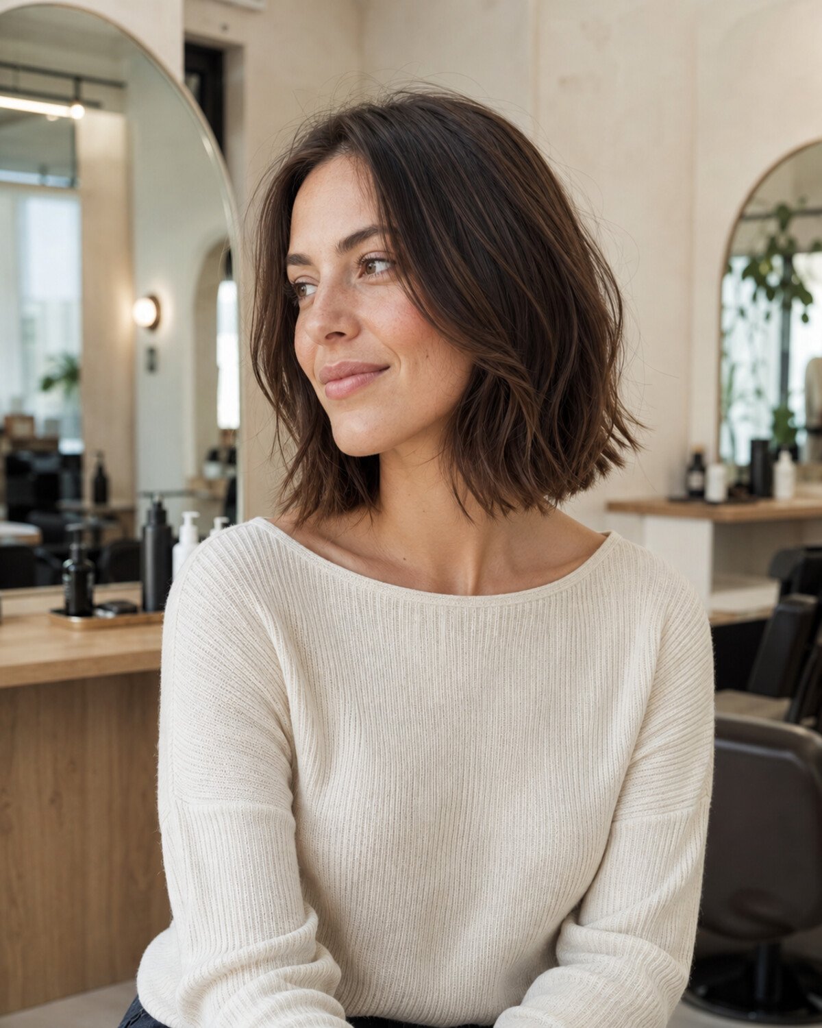 Brunette woman in a bright modern salon wearing a soft walnut-brown boyfriend bob with airy layers