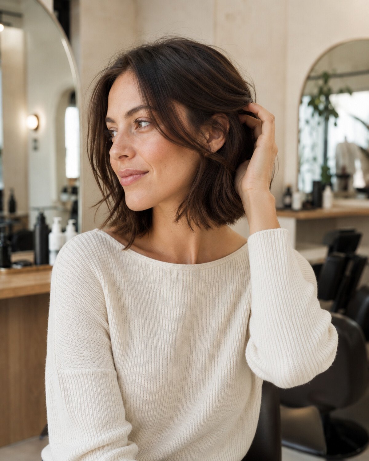 Brunette woman turning her head and tucking one side of her softly layered bob behind her ear