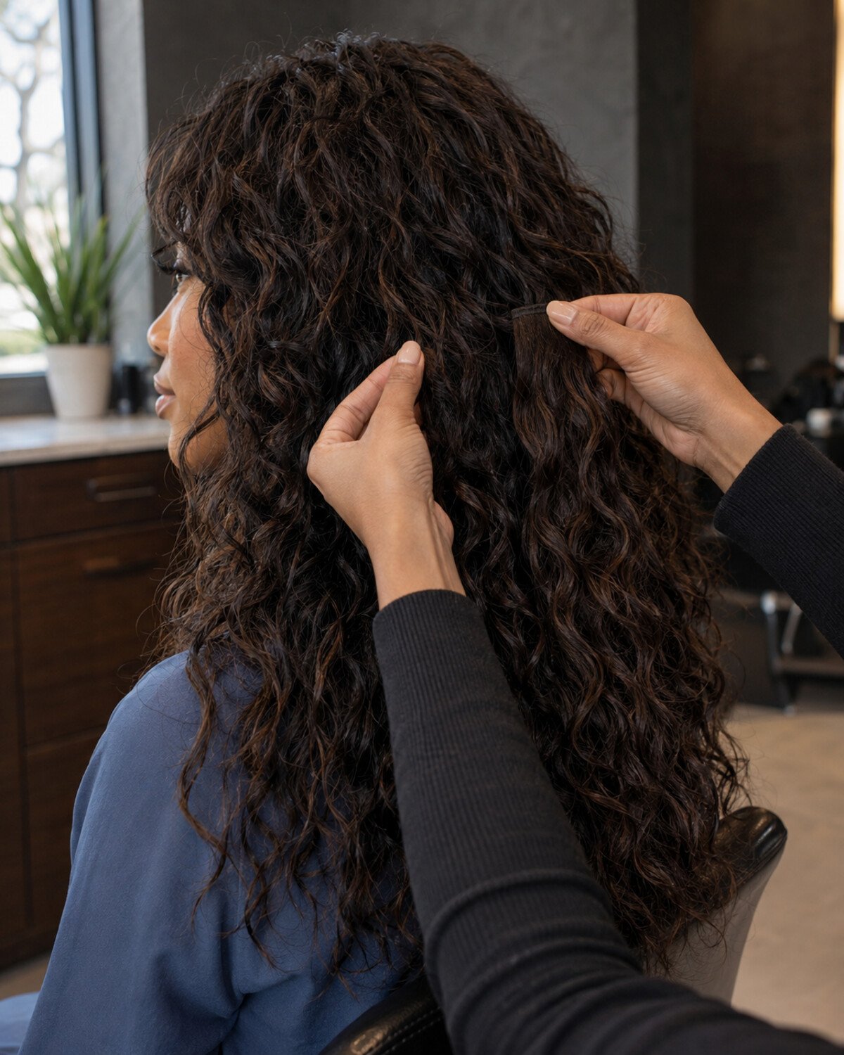 Stylist comparing curl spring, strand diameter and density through a client’s long espresso curls