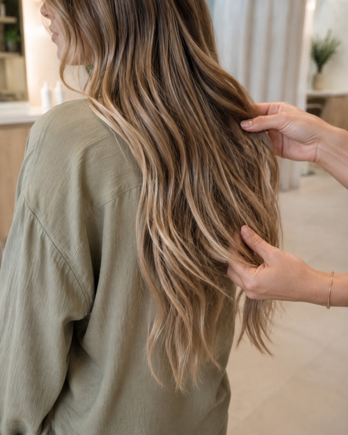 Close-up of dark-beige blonde hair showing a neutral shadowed base, fine sandy ribbons and airy long ends