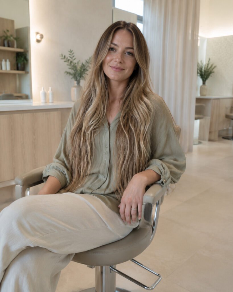 Woman in a pale modern salon with very long dark-beige blonde hair, sandy ribbons and soft natural layers