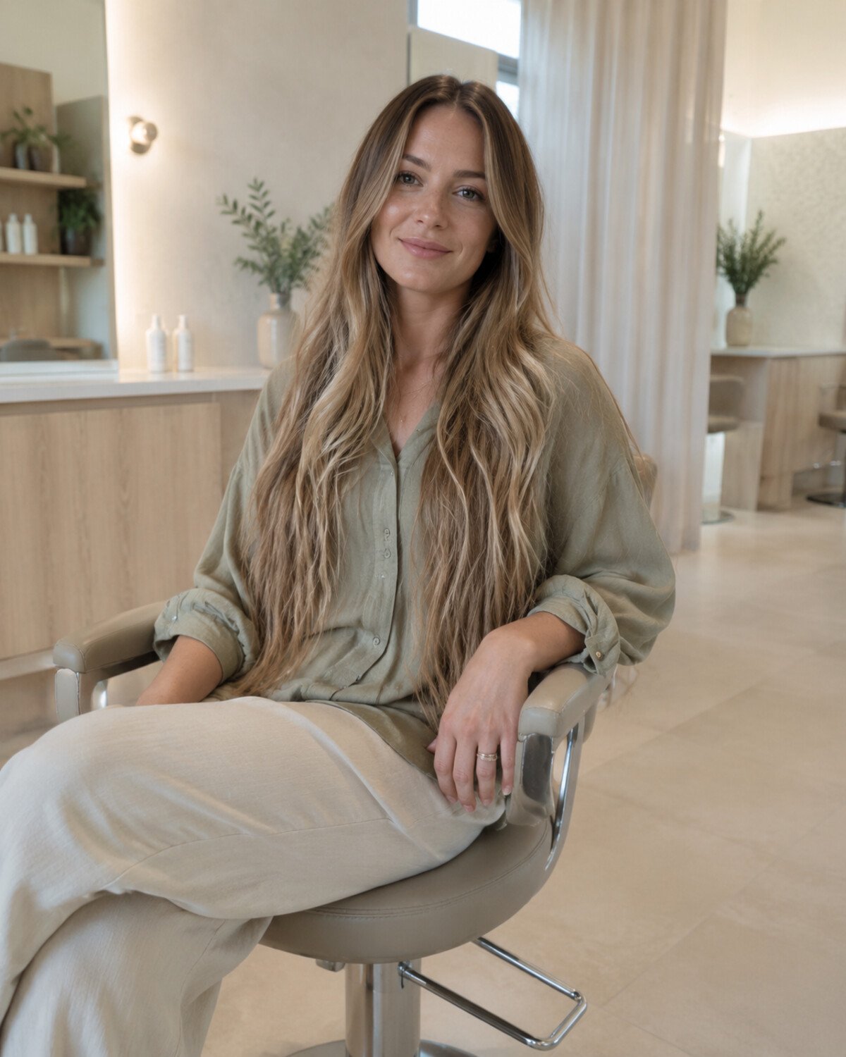 Woman in a pale modern salon with very long dark-beige blonde hair, sandy ribbons and soft natural layers