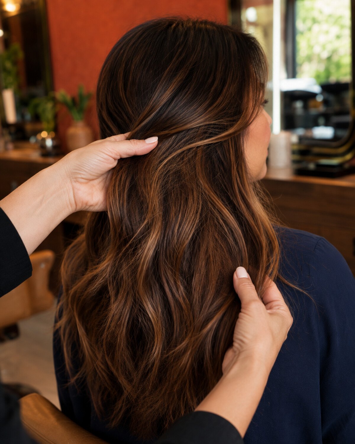 Stylist examining the mid-lengths and ends of dimensional chestnut-caramel extension hair in a warm salon