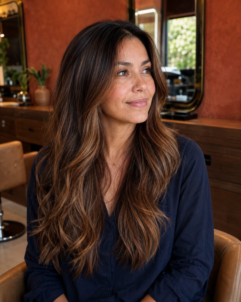 Woman in a terracotta salon with refreshed chestnut-caramel extensions, dimensional layers and a satin-matte finish