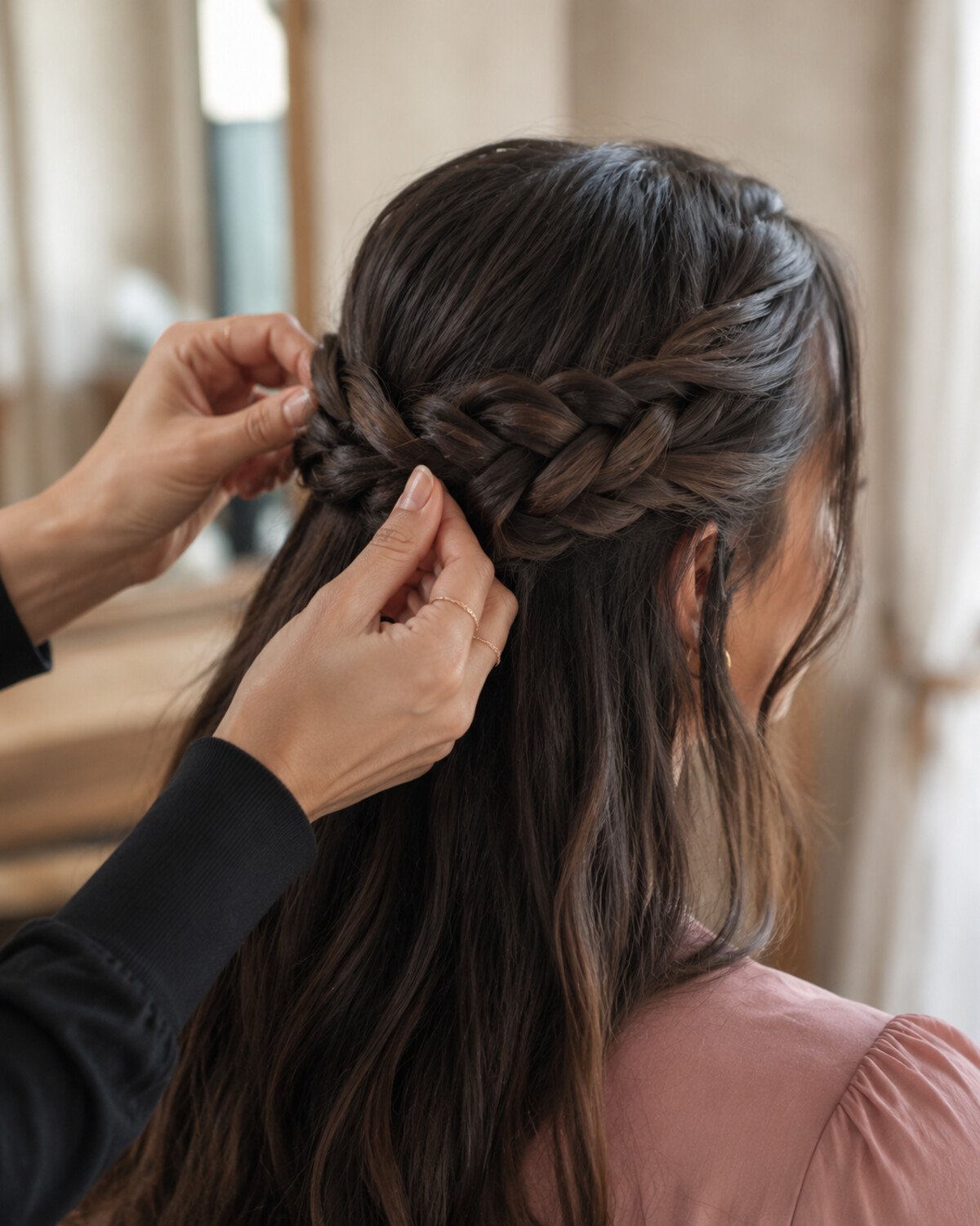 Stylist carefully loosening the edges of a cool espresso-brown halo braid in a professional salon