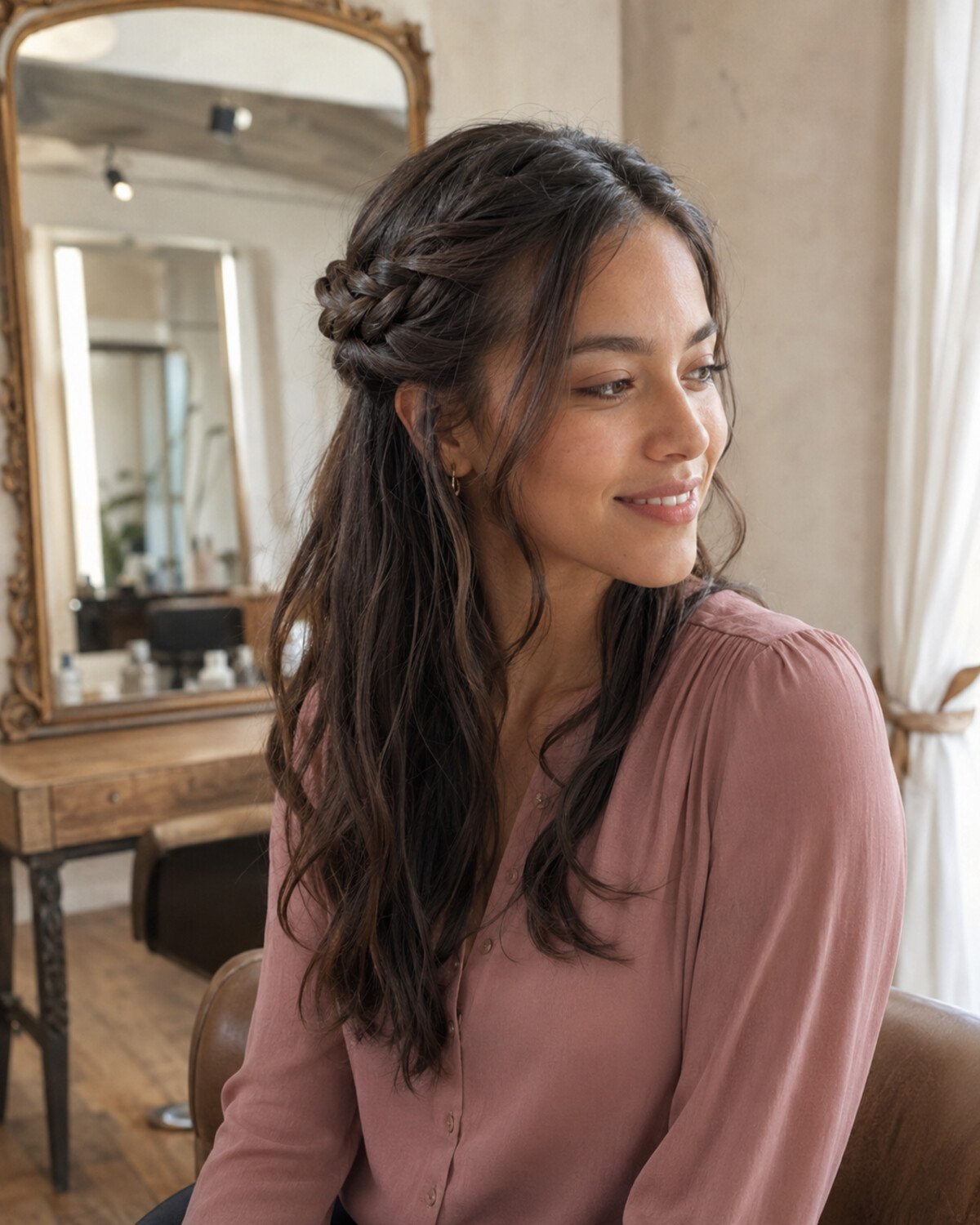 Woman in an airy salon wearing a soft half-up halo braid with cool espresso-brown hair and natural face-framing pieces