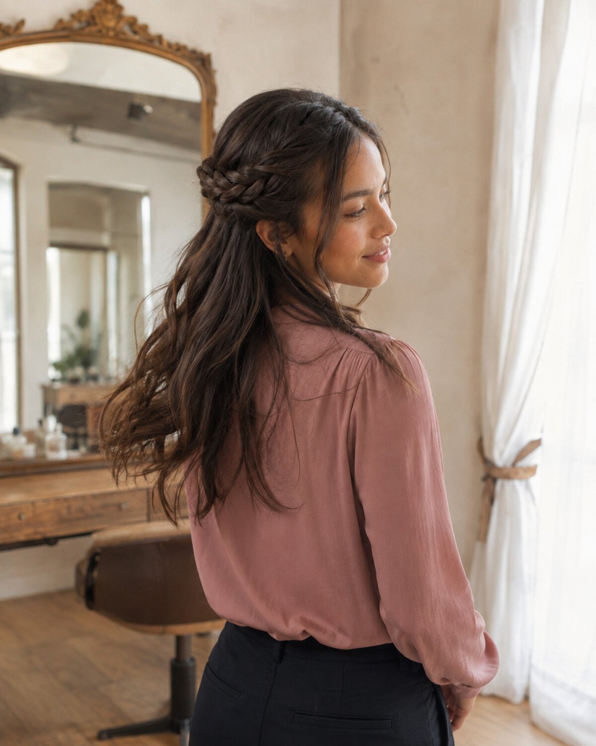 Three-quarter back view of a woman turning as her half-up halo braid and loose espresso-brown lengths move naturally