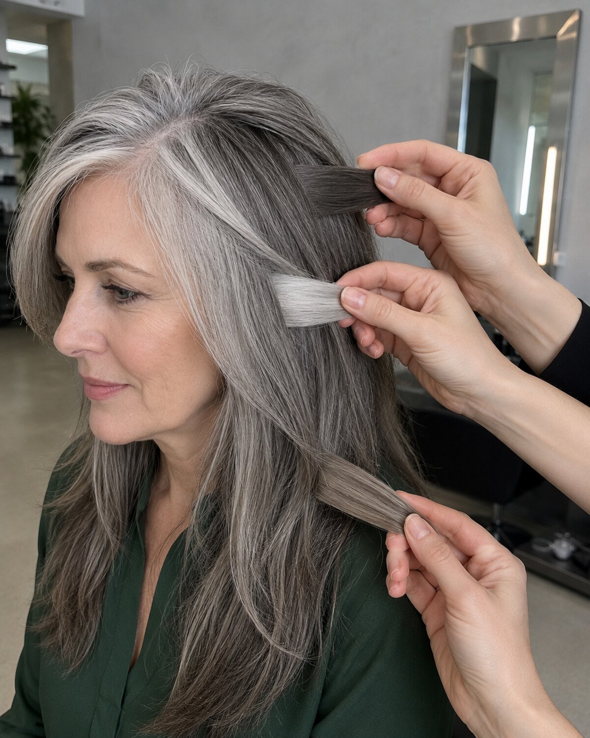 Professional colorist comparing charcoal, silver-gray and smoky-beige hair sections with a mature client’s natural gray pattern