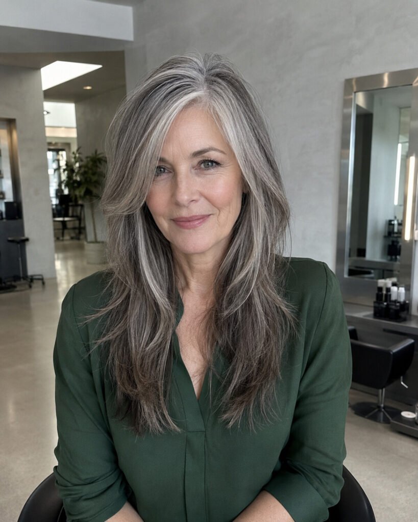 Mature woman in a cool modern salon with shoulder-blade-length charcoal, silver and smoky-beige dimensional hair