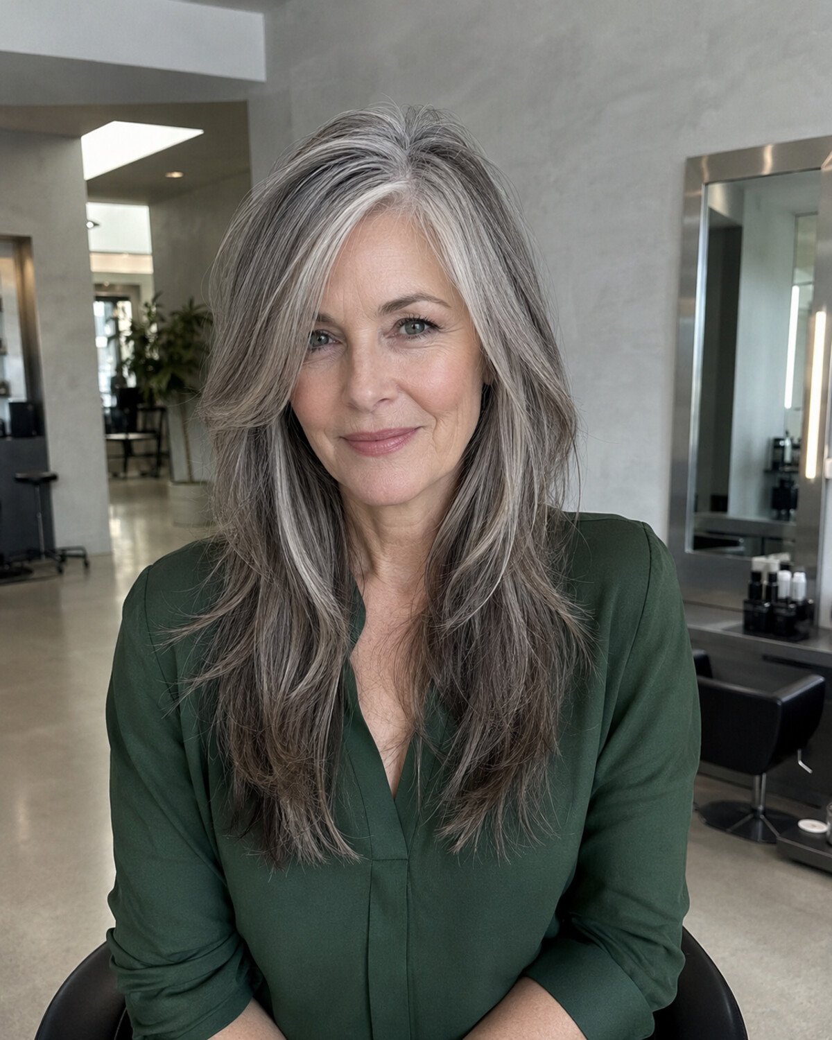 Mature woman in a cool modern salon with shoulder-blade-length charcoal, silver and smoky-beige dimensional hair