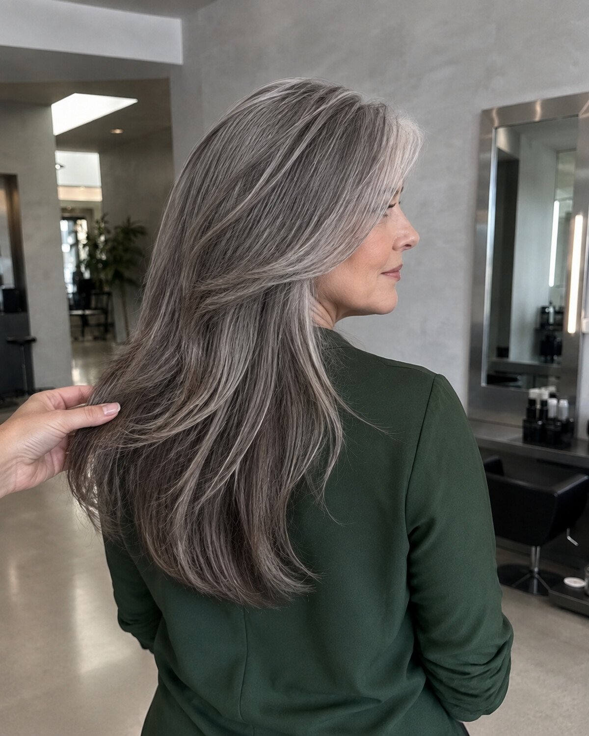 Three-quarter back view of dimensional salt-and-pepper hair as a stylist releases the layered lengths in neutral salon light